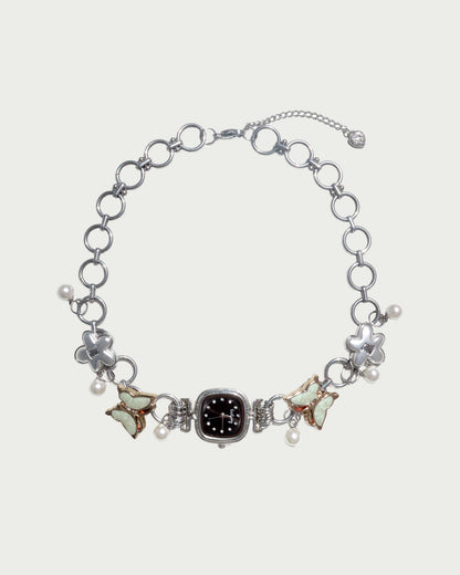 Lunelle Butterfly Pearl Charm Silver Watch Necklace