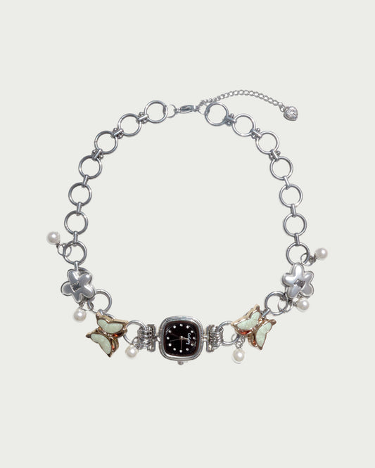 Lunelle Butterfly Pearl Charm Silver Watch Necklace