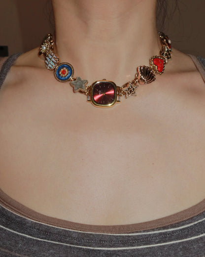 Suki Sparkle Time Charm Golden Watch Chocker Necklace