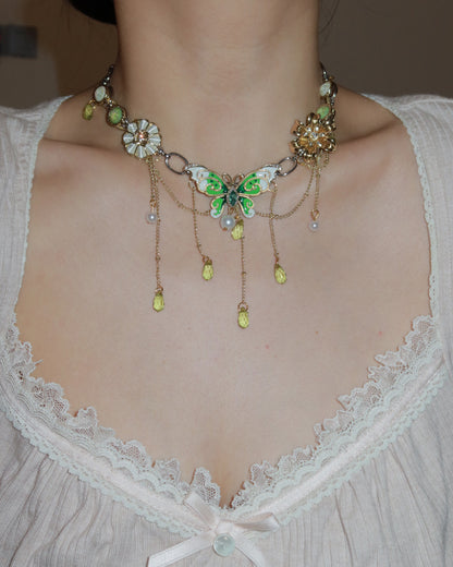 Mariposa Enchanted Green Butterfly Silver-Tone Pearl Drop Necklace