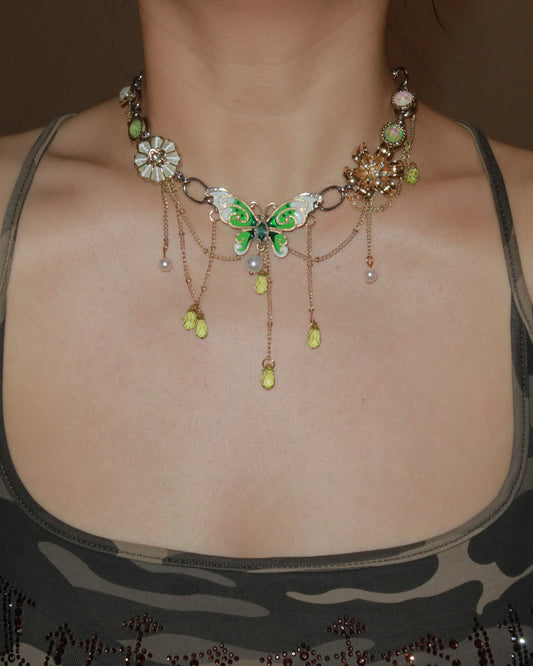 Mariposa Enchanted Green Butterfly Silver-Tone Pearl Drop Necklace