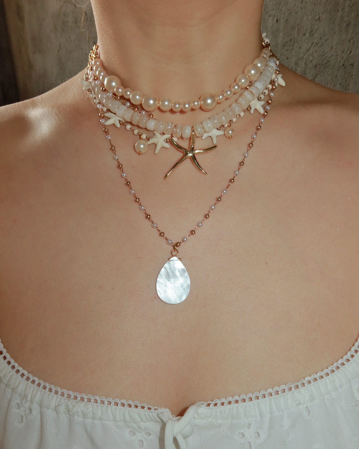 Jessica Layered Pearl Starfish Golden Necklace