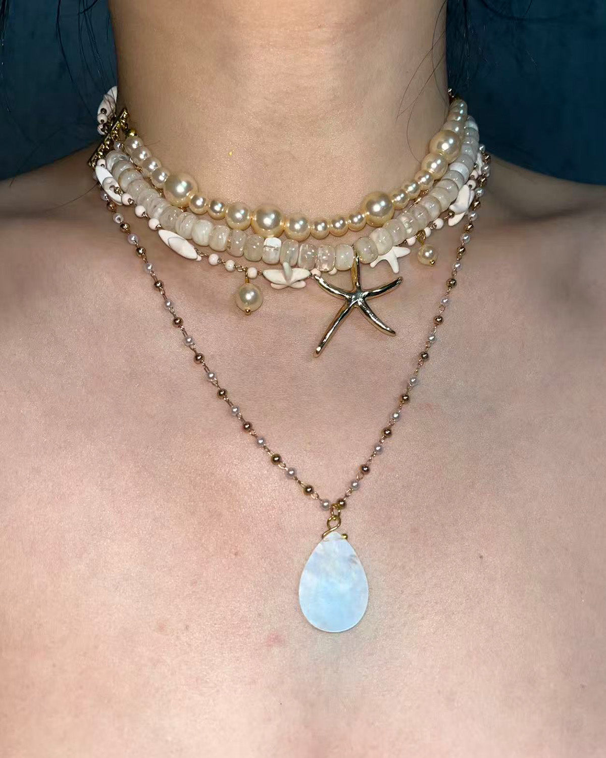 Jessica Layered Pearl Starfish Golden Necklace
