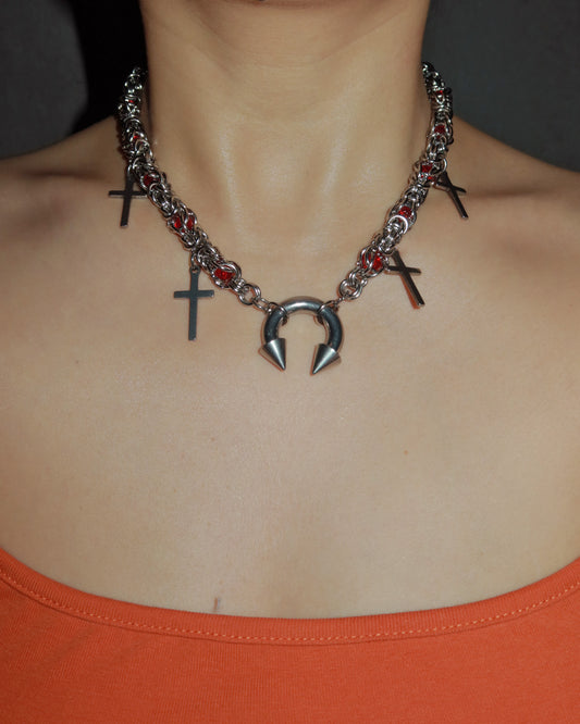 Nicola Vintage Red Bead Horseshoe Cross Silver Necklace