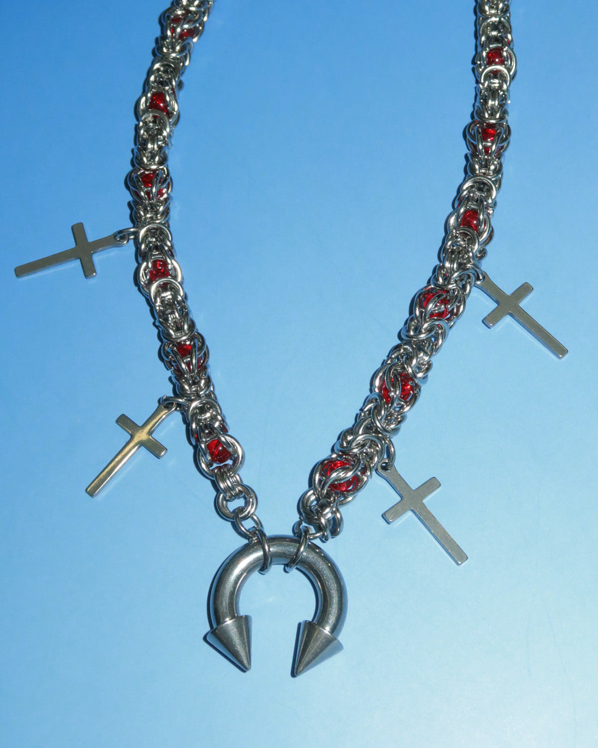 Nicola Vintage Red Bead Horseshoe Cross Silver Necklace