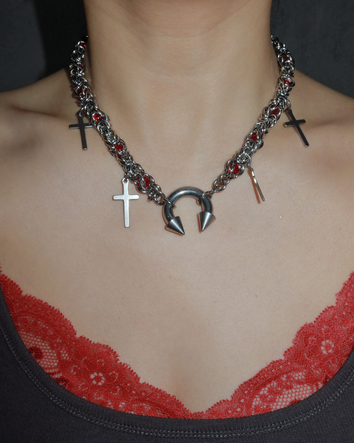 Nicola Vintage Red Bead Horseshoe Cross Silver Necklace
