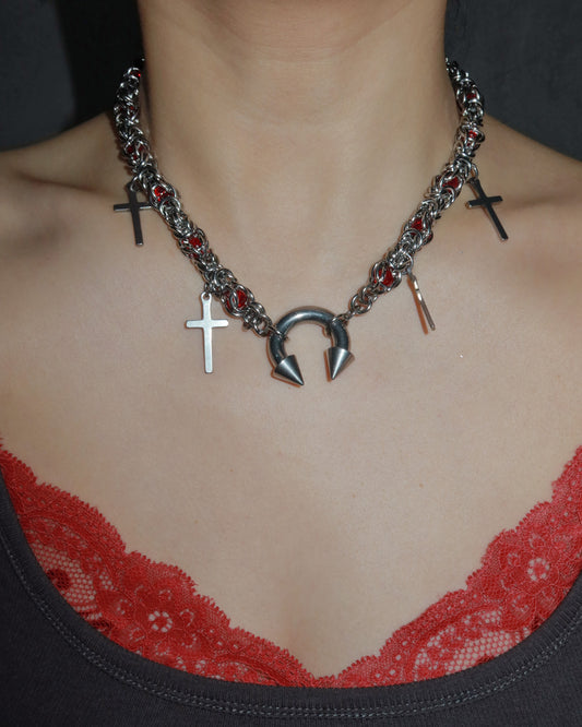 Nicola Vintage Red Bead Horseshoe Cross Silver Necklace