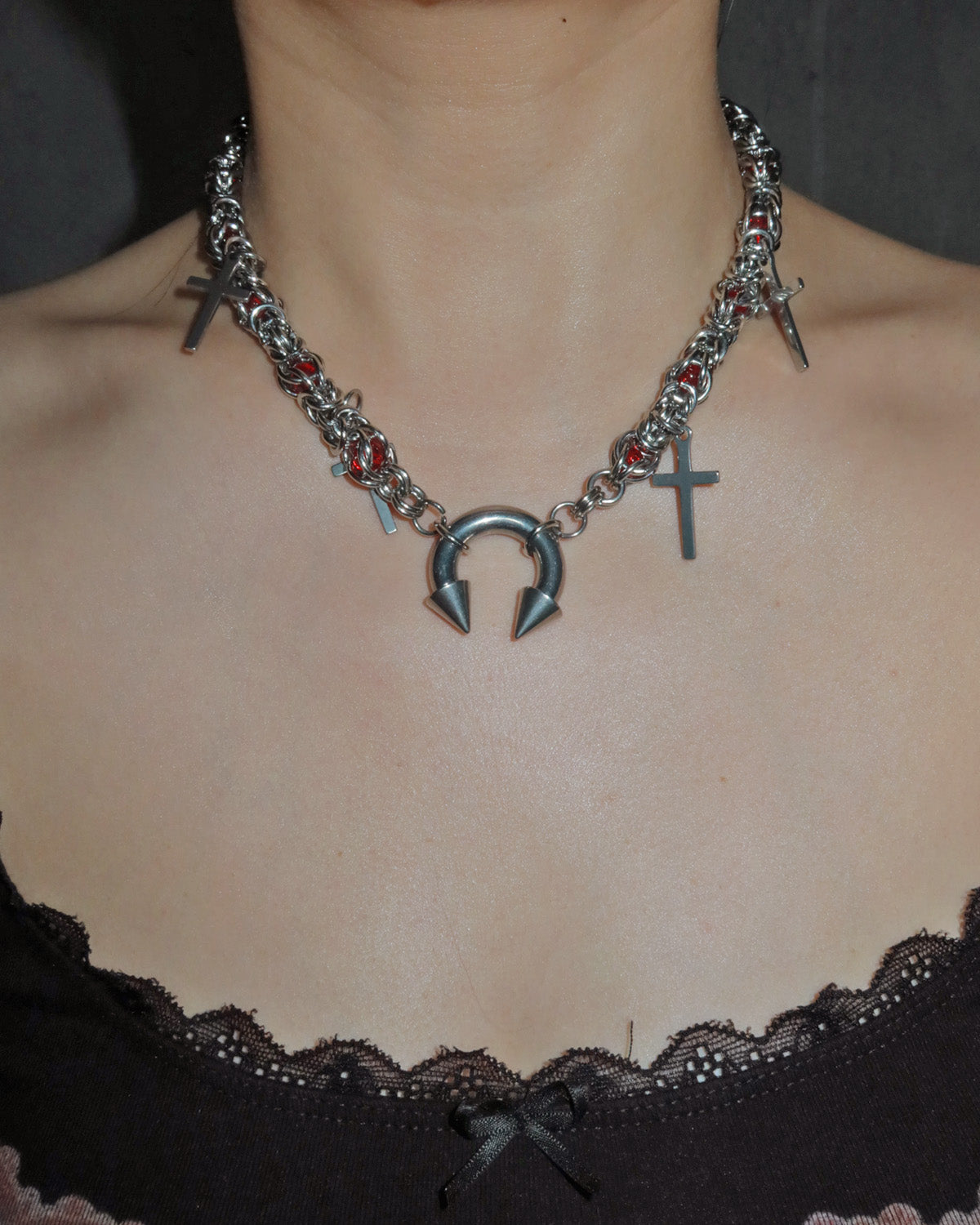 Nicola Vintage Red Bead Horseshoe Cross Silver Necklace