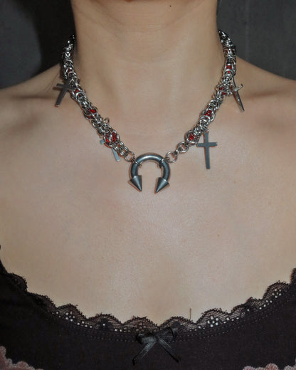 Nicola Vintage Red Bead Horseshoe Cross Silver Necklace