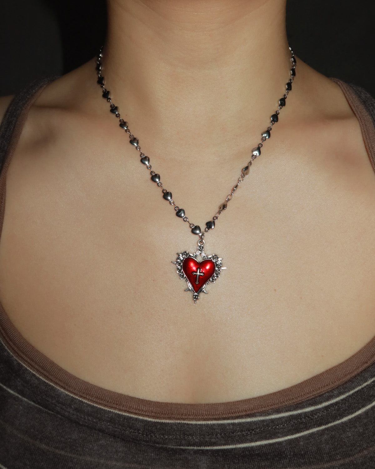 Cathy Vintage Cross Charm Red Heart Silver Pendant Necklace