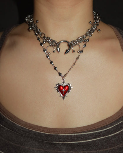 Cathy Vintage Cross Charm Red Heart Silver Pendant Necklace