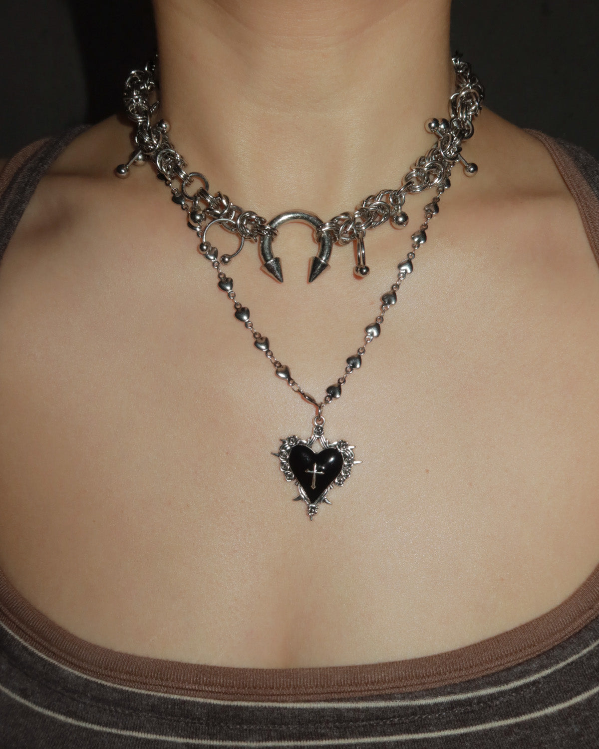 Cathy Vintage Cross Charm Black Heart Silver Pendant Necklace
