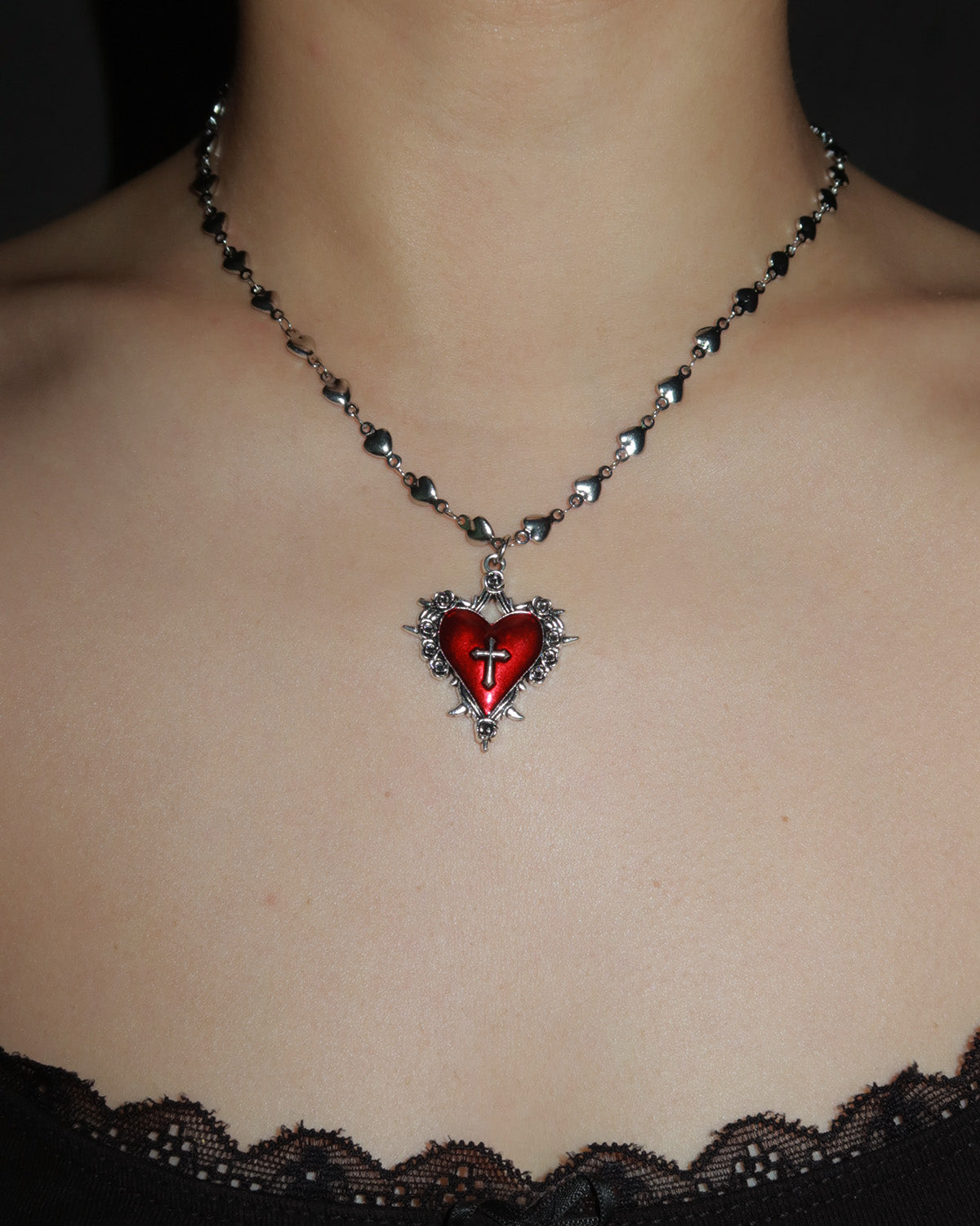 Cathy Vintage Cross Charm Red Heart Silver Pendant Necklace