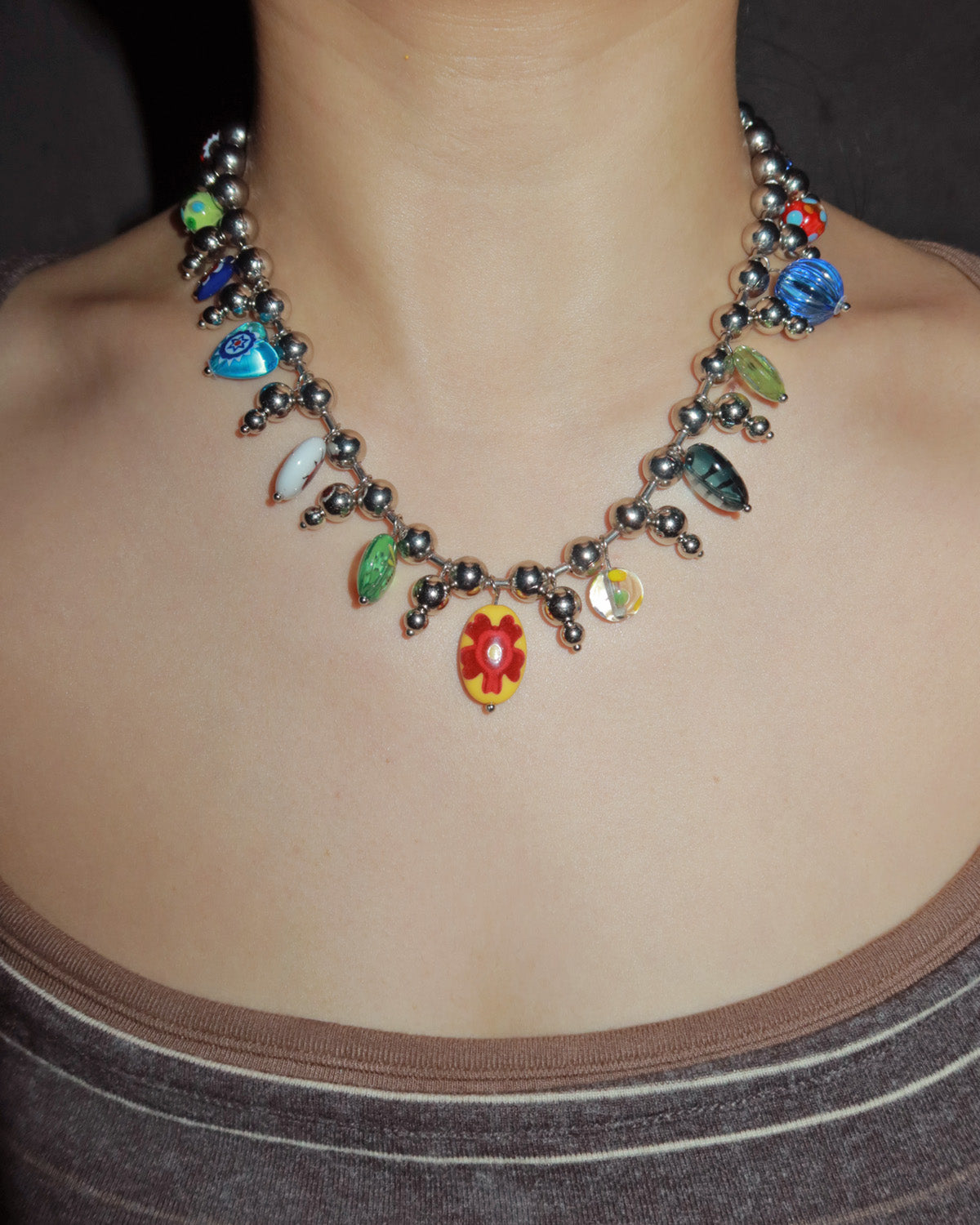 Heather Floral Painted Glass Silver Necklace
