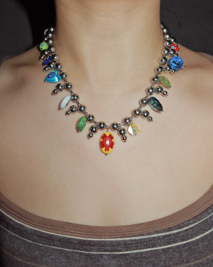 Heather Floral Painted Glass Silver Necklace