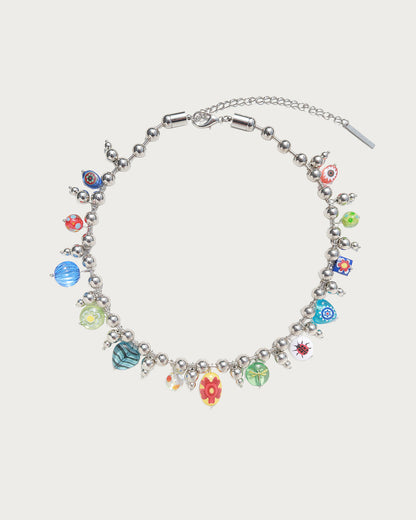 Heather Floral Painted Glass Silver Necklace