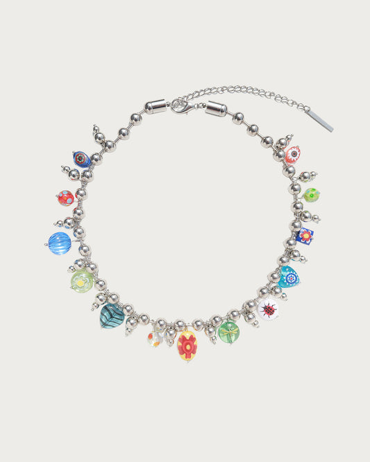 Heather Floral Painted Glass Silver Necklace