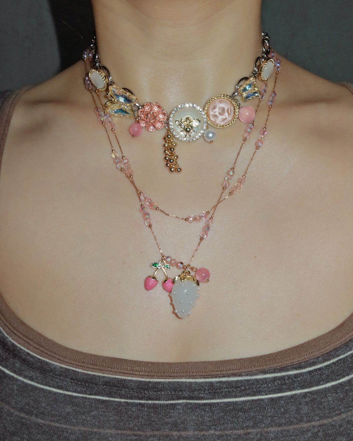 Laurel & Brook Layered Pink Strawberry Clock Silver Necklace Set