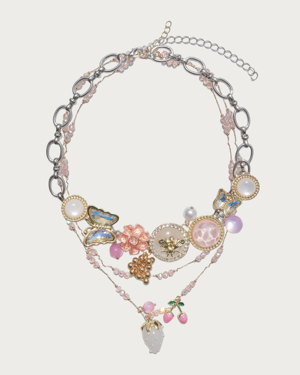 Laurel Button & Bead Layered Strawberry Butterfly Silver Necklace