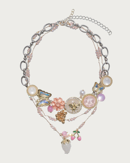 Laurel Button & Bead Layered Strawberry Butterfly Silver Necklace