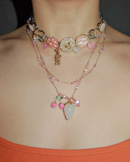 Laurel Button & Bead Layered Strawberry Butterfly Silver Necklace