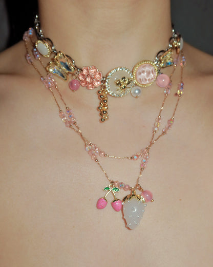 Laurel Button & Bead Layered Strawberry Butterfly Silver Necklace