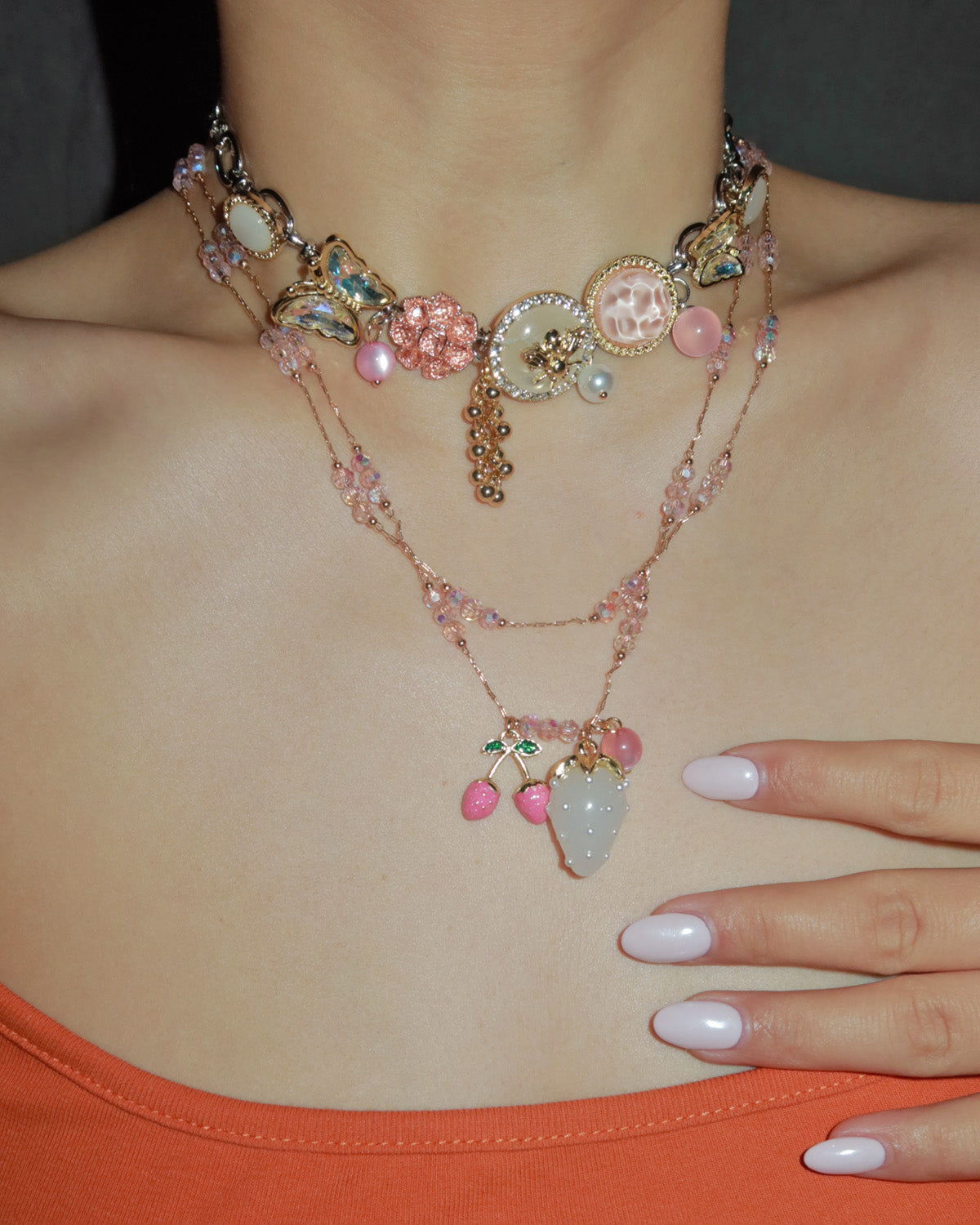 Laurel Button & Bead Layered Strawberry Butterfly Silver Necklace