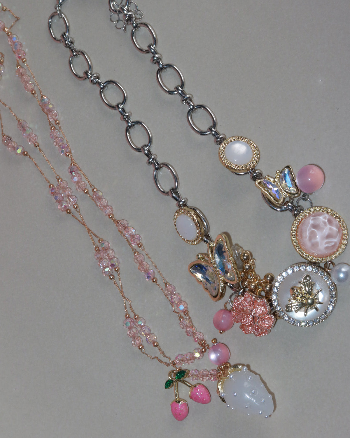 Laurel Button & Bead Layered Strawberry Butterfly Silver Necklace