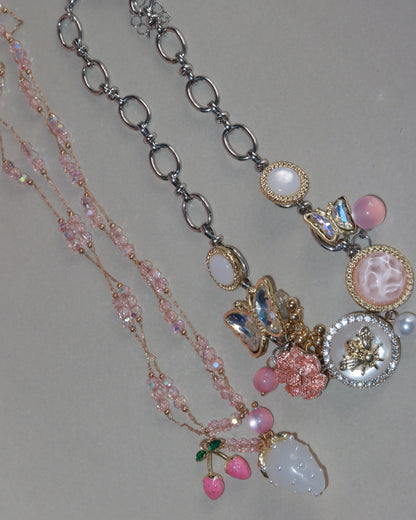 Laurel Button & Bead Layered Strawberry Butterfly Silver Necklace