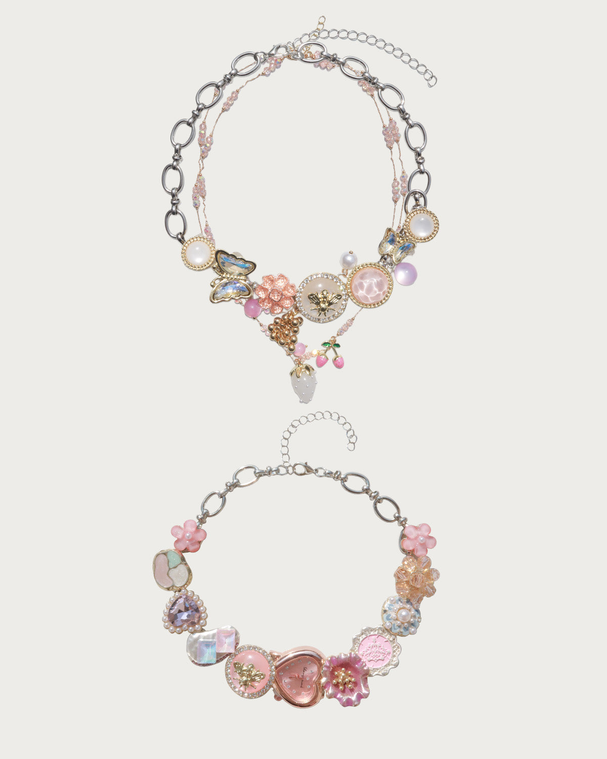 Laurel & Brook Layered Pink Strawberry Clock Silver Necklace Set
