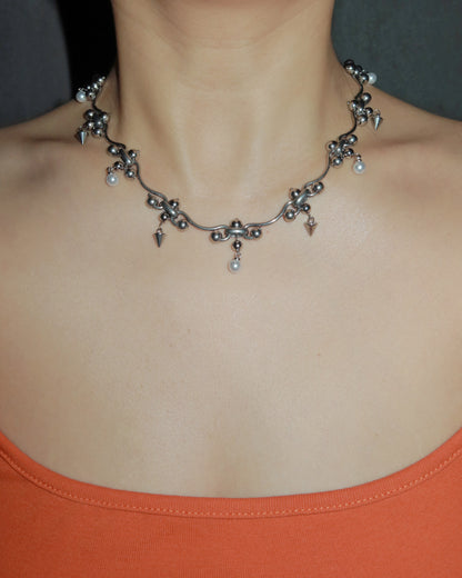 Zyra Punk Rivet Pearl Silver Necklace