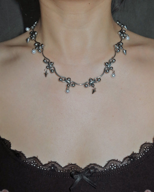 Zyra Punk Rivet Pearl Silver Necklace