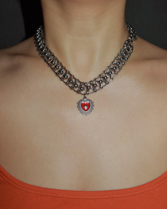 Salem Chunky Red Heart Silver Statement Necklace