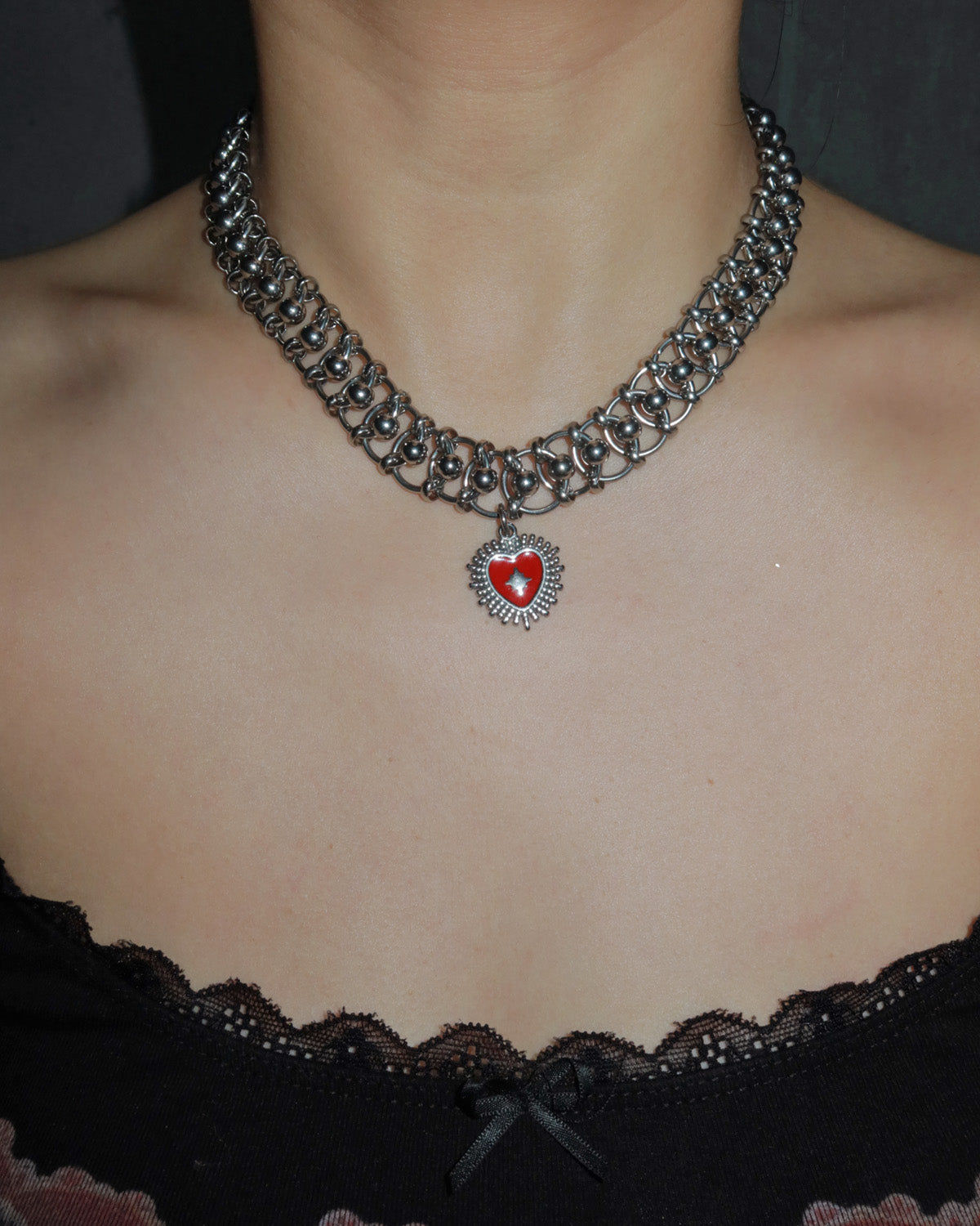 Salem Chunky Red Heart Silver Statement Necklace