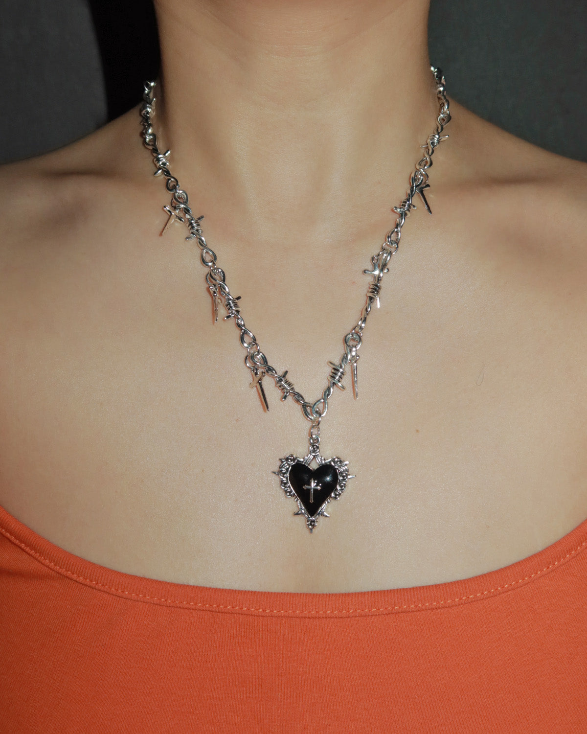 Cathy Gothic Thorns & Black Heart Sword Cross Silver Pendant Necklace