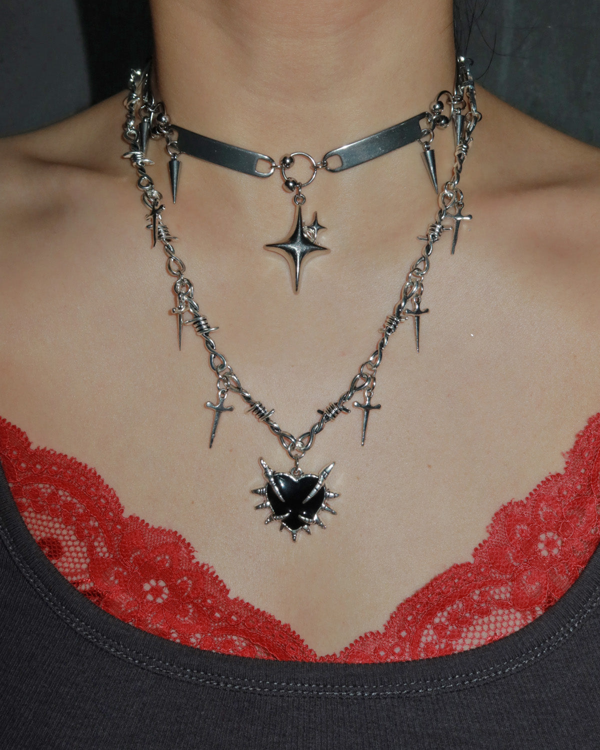 Cathy Gothic Thorns & Black Heart Sword Cross Silver Pendant Necklace