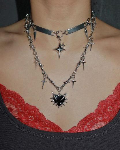 Cathy Gothic Thorns & Black Heart Sword Cross Silver Pendant Necklace