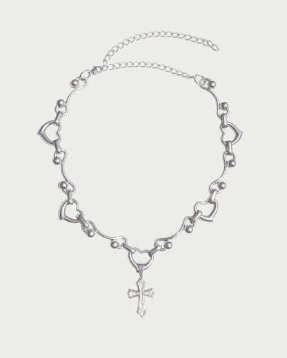 Liora Soft Edgy Heart Cross Silver Pendant Necklace