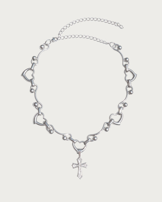 Liora Soft Edgy Heart Cross Silver Pendant Necklace