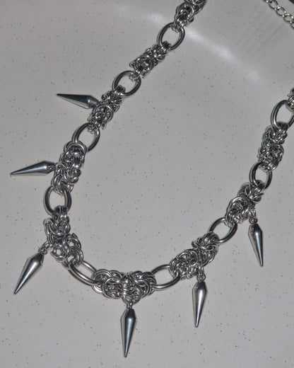 Indra Chainmail Spike Tassel Silver Necklace