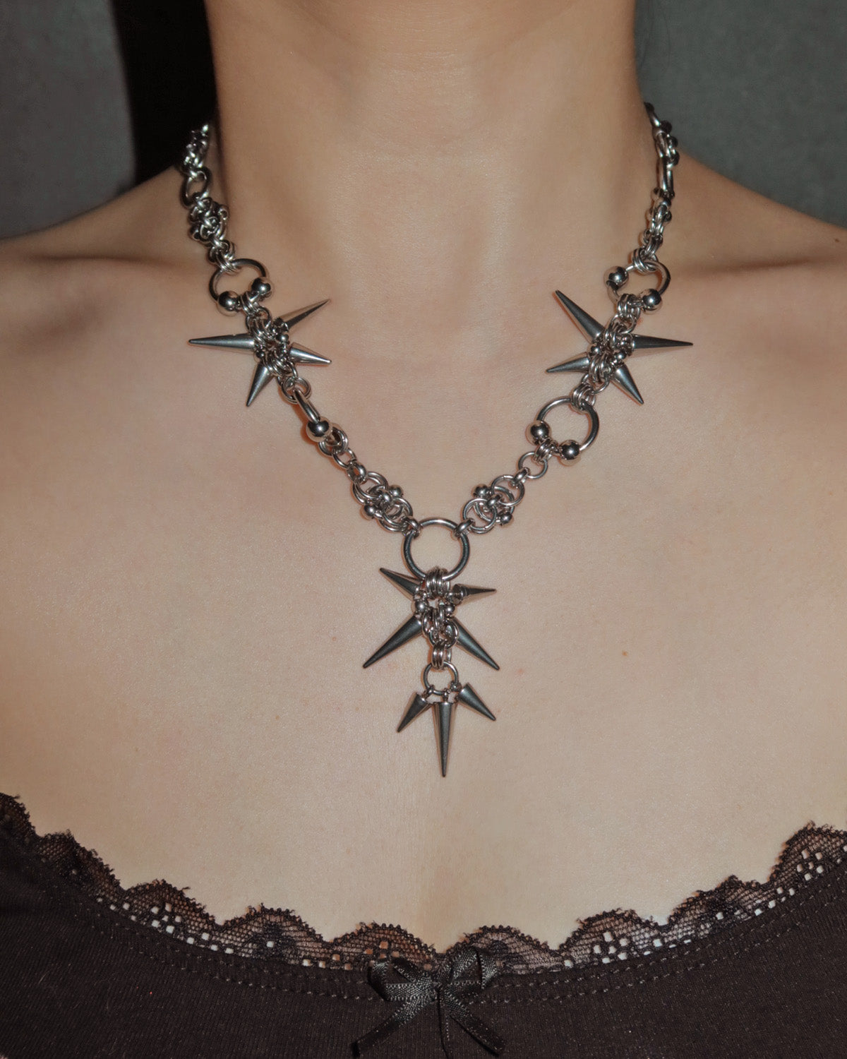 Arden Chainmail Spike Silver Y Necklace