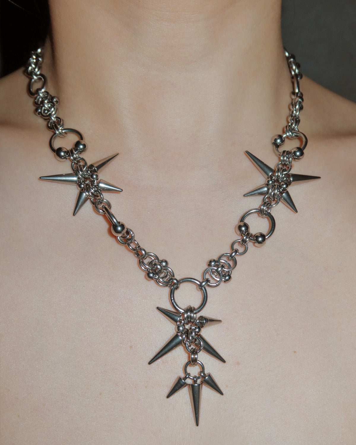 Arden Chainmail Spike Silver Y Necklace