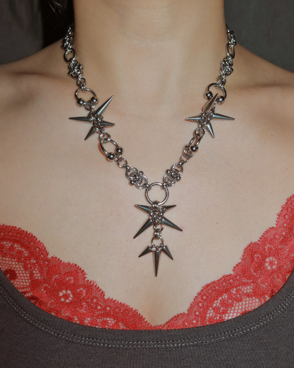 Arden Chainmail Spike Silver Y Necklace