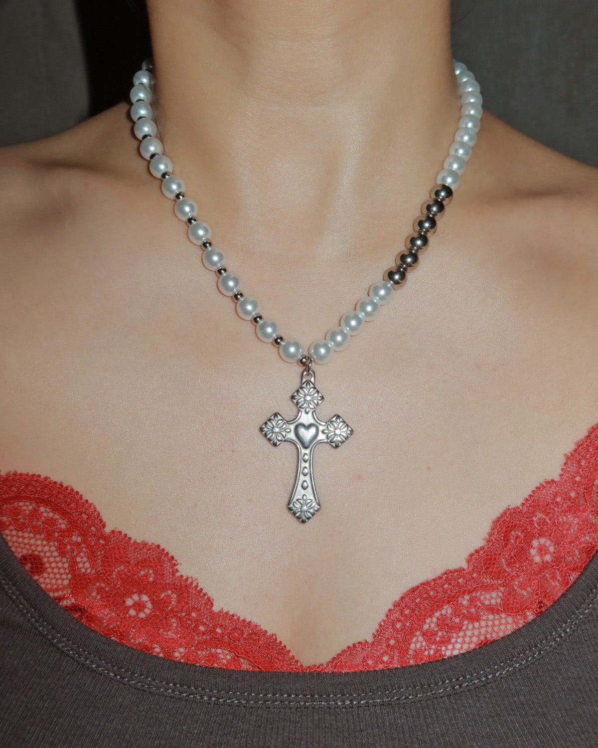 Raven Pearl Beaded Cross Silver Pendant Necklace
