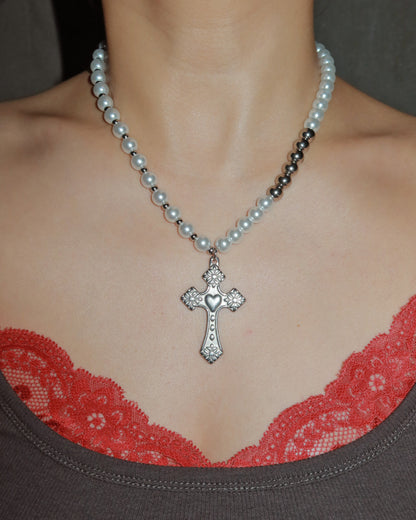 Raven Pearl Beaded Cross Silver Pendant Necklace