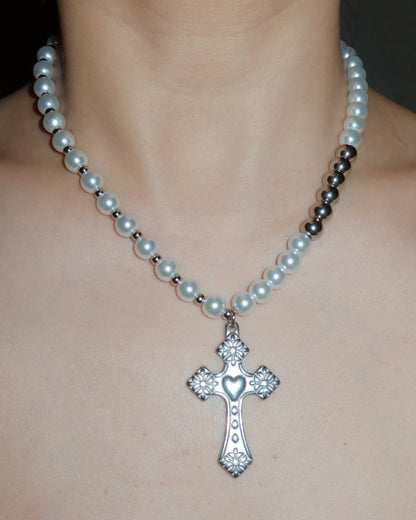 Raven Pearl Beaded Cross Silver Pendant Necklace