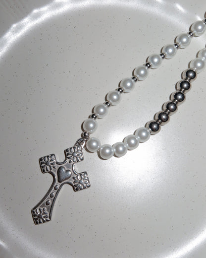 Raven Pearl Beaded Cross Silver Pendant Necklace