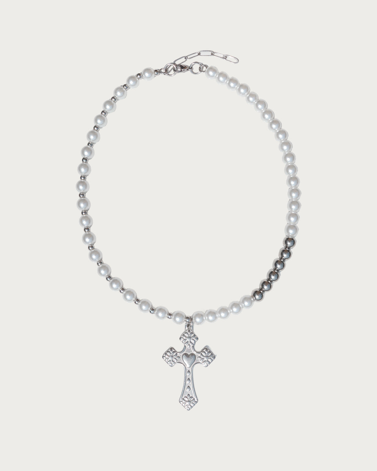 Raven Pearl Beaded Cross Silver Pendant Necklace