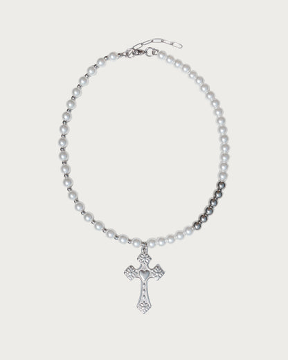 Raven Pearl Beaded Cross Silver Pendant Necklace