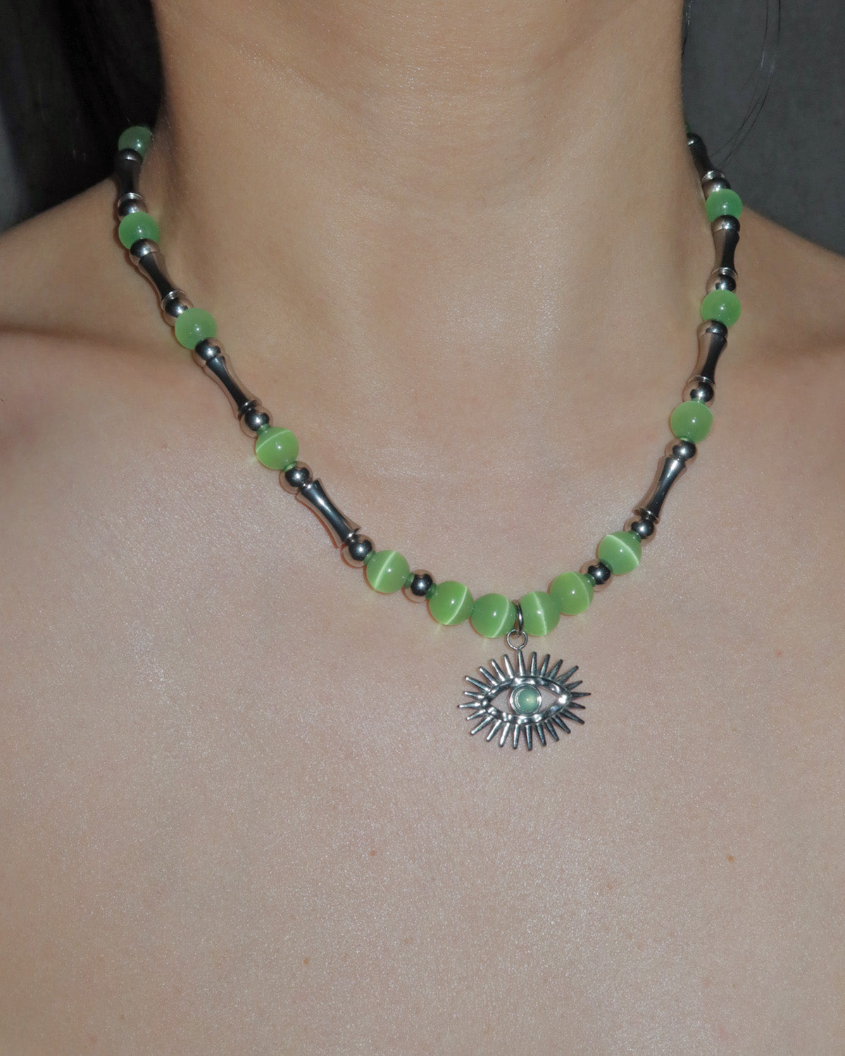 Vivienne Green Cat Eye Evil Eye Silver Necklace